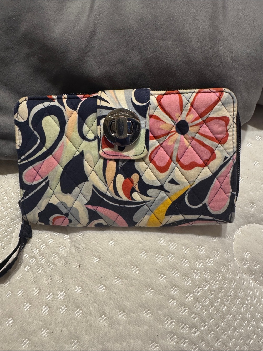Vera Bradley Navy Floral Quilted Wristlet with Pink Accents